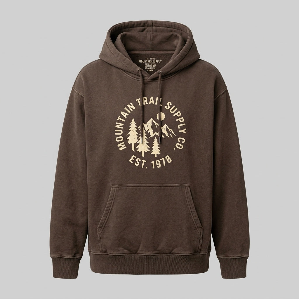 Mountain Trail Supply 1978 Pine Emblem Heavyweight Hoodie - Washed Espresso Brown